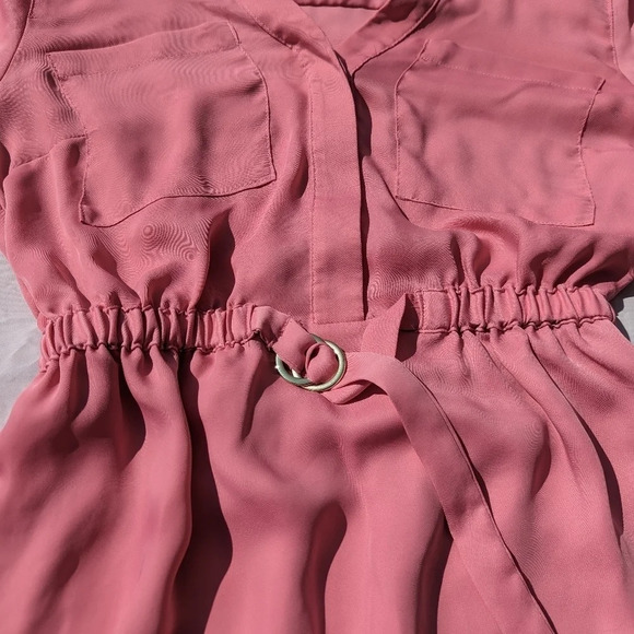 H&M Pink  with Gold V Neck Long Sleeve Dress, belt front - Size XXS Barbie - Picture 7 of 11